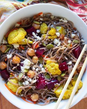Dijon Balsamic Noodle Bowl with: - Cauliflower - Chickpeas - Pickled Beets - Pumpkin Seeds - Feta at Two Tablespoons in New York City