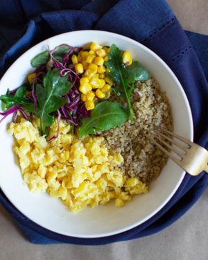 Scrambled eggs bowl with quinoa and salad at Two Tablespoons in New York City