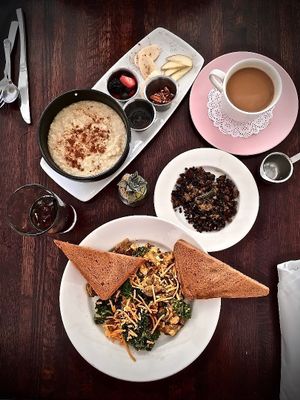 Top to bottom, (L to R): Citizens Hot Cerea, Coffee with cream, Cold Brew Ice Coffee, Vegan Citizens Platter with house made protein crumble at Citizen Eatery in Austin