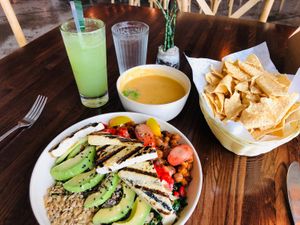 Power Bowl, Cucumber Mocktail, Queso & Chips at Citizen Eatery in Austin