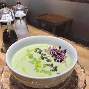 Cold soup for the Summer: avocado, cucumber, pumpkin seeds and cilantro (vegan and gluten free). at Itacate in Barcelona