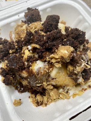 Pie crumble, Brownie, PB cups, caramel sauce toppings  at Cinnaholic in Brea