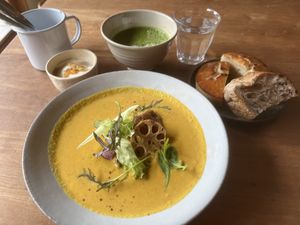 Pumpkin soup set, with matcha latte and soy yogurtt  at Apelila in Kyoto