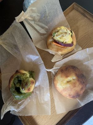 matcha cream, custard cream, and savory vegetable bread at Apelila in Kyoto