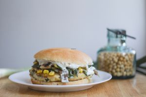 This is a 100% vegan chickpeas burguer with mushrooms, corn, chives and homemade mayonnaise. It taste like heaven  at Arvoleda in Santiago