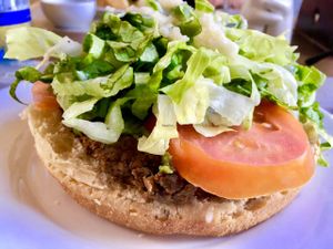 vegan hamburger with avocado, tomato and lettuce at Arvoleda in Santiago