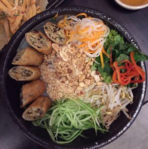 bun cha, rice vermicelli with spring rolls and fresh raw veg at Ngo Vegetarian in Ho Chi Minh City