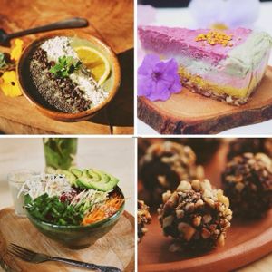 High vibing healthytarian food. Raw glory bow, raw cashew cake, rainbow budha bowl, macadamia fererro. at Medicine Foods in San Marcos La Laguna