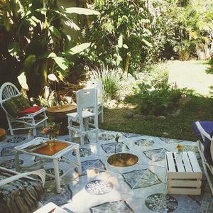 Garden area at Medicine Foods in San Marcos La Laguna