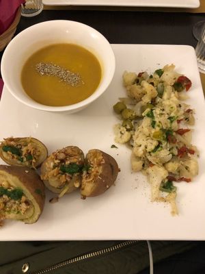 Pumpkin soup, suffers potato’s and cabbage/cauliflower/olives salad.  at Un'Altra Idea in Bologna