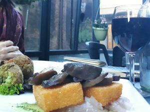 Fried polenta with caramelized mushrooms and marinated cabbage + rice & vegetables croquettes (piadina in the back not visible, sorry) at Un'Altra Idea in Bologna