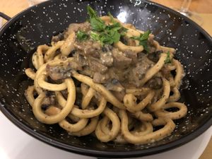 Lovely cashewnut Pasta with mushrooms at Un'Altra Idea in Bologna