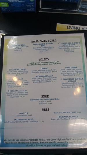 One page of menu at Living Vine Organic Cafe in Fort Myers