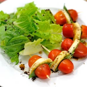 CAPRESE SKEWERS
Cherry tomatoes, tofu, basil. Drizzled with extra virgin olive oil and balsamic vinegar. Seasoned with salt & pepper at La Pasta in Siem Reap