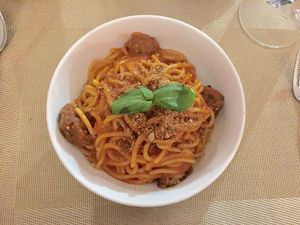 Pasta with vegan meatballs (delicious) at La Pasta in Siem Reap