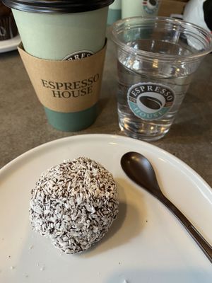 This vegan chocolate ball tasted so good. at Espresso House - Vesterbrogade in Copenhagen