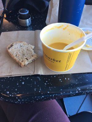 Sweet potato curry soup, vegan and delicious.  at DEN - Modern Market - TC in Denver