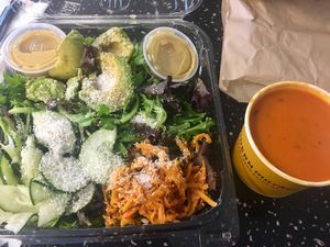 Thai coconut salad (no chicken, plus avocado) and tomato basil soup.  at DEN - Modern Market - TC in Denver