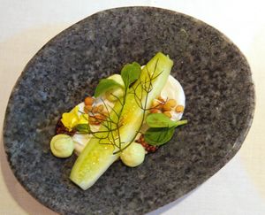 Pickled gurkin, dandelion honey, sprouted lentils at Vaxthuset in Stockholm