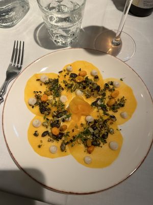 Starter - pumpkin carpaccio   at Vaxthuset in Stockholm