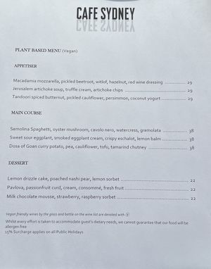 Dedicated Vegan menu   at Cafe Sydney in Sydney