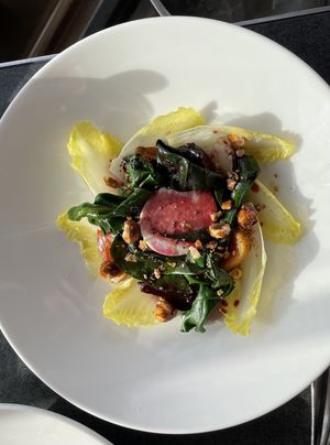 Macadamia mozzarella, pickled beetroot, witlof, hazelnut, red wine dressing  at Cafe Sydney in Sydney