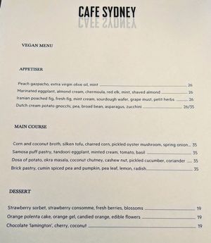 Vegan Menu from February 2018 at Cafe Sydney in Sydney