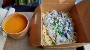 Soup and mushroom pasta at Season Square in Paris