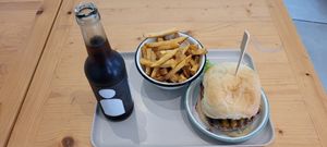 Organic cola, home-made French fries and Season burger. at Season Square in Paris