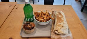 Muffin, fries and kebab wrap. at Season Square in Paris