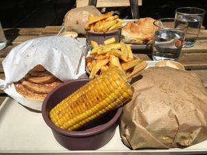 Fries burger and mais  at Season Square in Paris