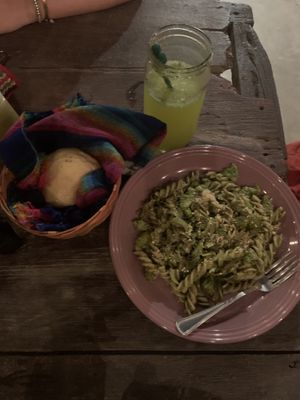 Pesto pasta & basil lemonade  at La Rana Vegana in Cabo San Lucas