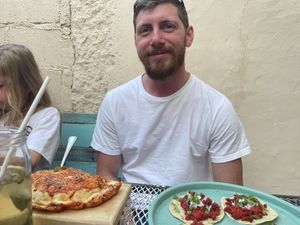 Chorizo tacos and calzone  at La Rana Vegana in Cabo San Lucas
