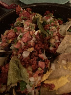 Nachos with chorizo! Vegan of course!   at La Rana Vegana in Cabo San Lucas