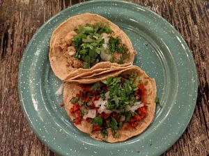 Asada and carnitas tacos at La Rana Vegana in Cabo San Lucas
