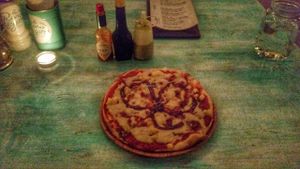 Pizza bbq, Almond cheese at La Rana Vegana in Cabo San Lucas