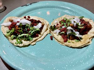 Chorizo asada tacos  at La Rana Vegana in Cabo San Lucas