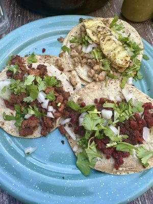 Tacos (pastor, asada, chorizo)  at La Rana Vegana in Cabo San Lucas