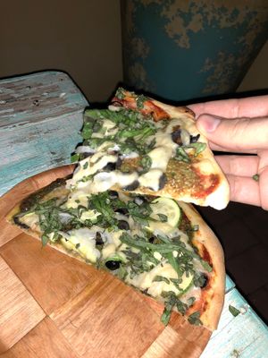 Great Pesto Pizza (that cheese!!!) at La Rana Vegana in Cabo San Lucas