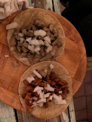 Asada and Pastor Tacos - excellent with verde salsa at La Rana Vegana in Cabo San Lucas