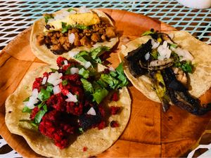 Chorizo, pastor, & vegetable tacos at La Rana Vegana in Cabo San Lucas