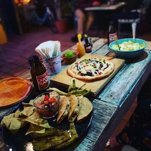 Quesadillas, pizza, Caesar salad at La Rana Vegana in Cabo San Lucas
