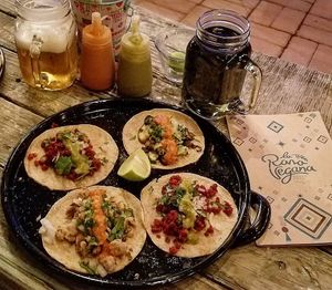 Asada, chorizo, pastor, veggies. at La Rana Vegana in Cabo San Lucas