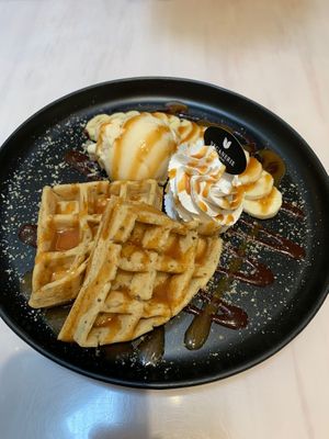 Waffle with ice cream and banana  at Veganerie - Siam Paragon in Bangkok