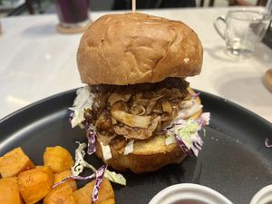 Pulled pork burger and sweet potato   at Veganerie - Siam Paragon in Bangkok