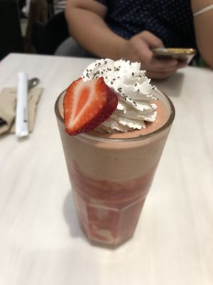 strawberry peanut butter smoothie (gf and soy free with whipped cream instead of the granola)  at Veganerie - Siam Paragon in Bangkok