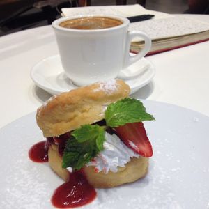 Strawberry ";shortcake"; - the lightest scone, with coconut cream and strawberries. at Veganerie - Siam Paragon in Bangkok