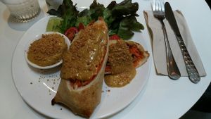 Pasta carbonara with ";bacon"; and satay wrap. at Veganerie - Siam Paragon in Bangkok