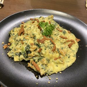 Chickpea pasta with bacon bits  at Veganerie - Siam Paragon in Bangkok