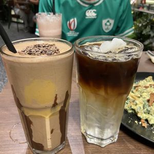 Chocolate protein smoothie and espresso with coconut waterr  at Veganerie - Siam Paragon in Bangkok